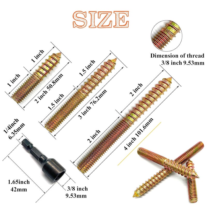 Matrelt 15Pack 3/8-16" Hanger Bolts 3Sizes 2-4 Inch Include1 pcs Hanger Bolt Driver Double Headed Bolts Wood Dowel Screw Self-Tapping Screw for Furniture Screws Wood Screws Double Threaded Rods - Image 2